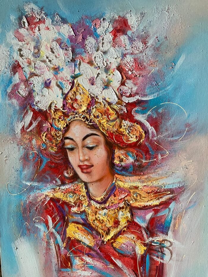 This painting could depict a Balinese lady dressed in exquisite traditional clothes and adorned with a beautiful headpiece, such as a kebaya and a towering bun called sanggul. The painting could be done in a warm and inviting style, with soft colors and gentle brushstrokes. The painting could also include elements such as a lush tropical garden, an intricate temple backdrop, or traditional Balinese motifs such as frangipani flowers, adding to the sense of elegance and grace of the lady. Overall, the painting would celebrate the beauty and dignity of Balinese women, as well as the rich cultural heritage of the island of Bali. Size : Length : 150 cm , Height : 50 cm | Shipping Weight : 2 Kg