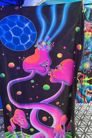 Romantic Mushroom Bali Hand-Painted UV-Reactive Neon Tapestry